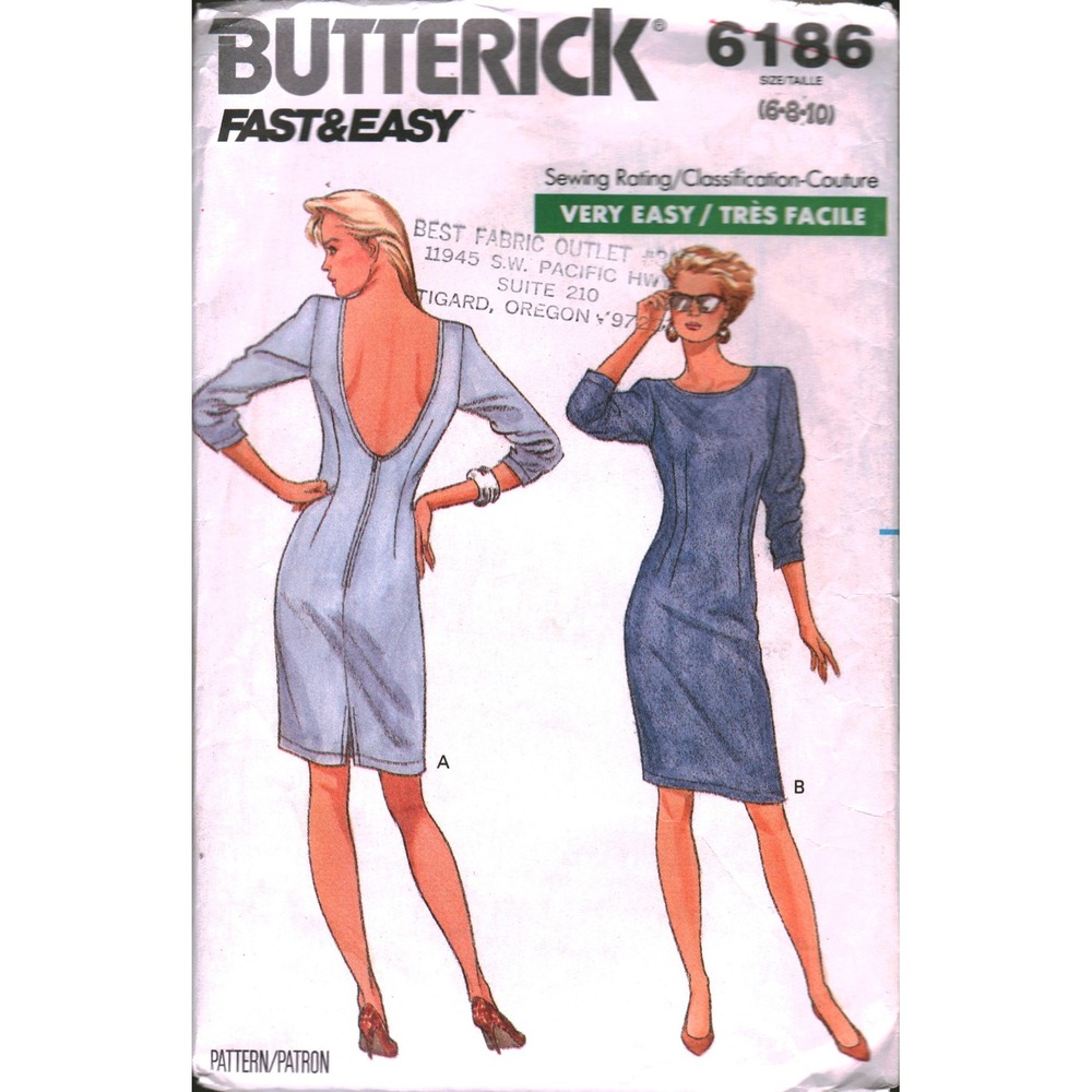 Butterick 6186 Vintage 80s Dress Sewing Pattern Deep U Back Sizes 6-8-10 cut